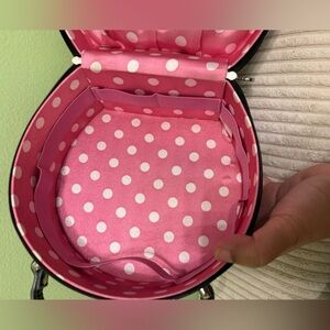 Black Round Handbag with pink silk polka dots lining